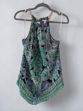 Lilly Pulitzer 100% Silk Green & Navy Floral Halter Camisole